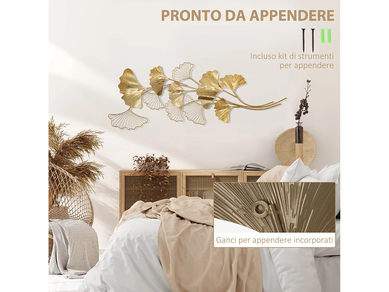 Decorazione murale 3d wall art con foglie di ginkgo 138x70cm