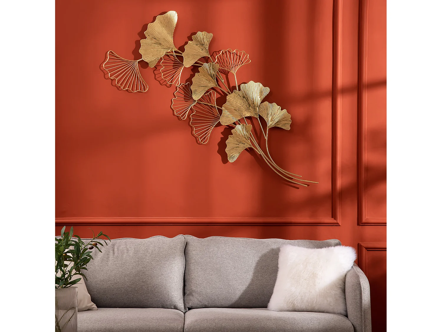 Decorazione murale 3d wall art con foglie di ginkgo 138x70cm