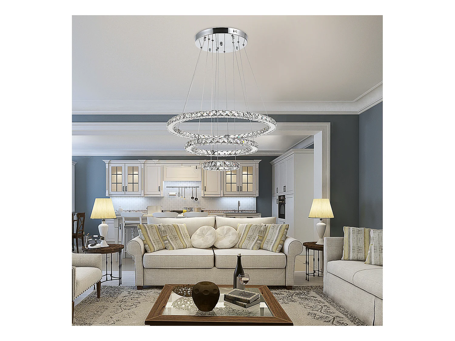 Lampadario a sospensione con 3 anelli led e cristalli ø60x110cm