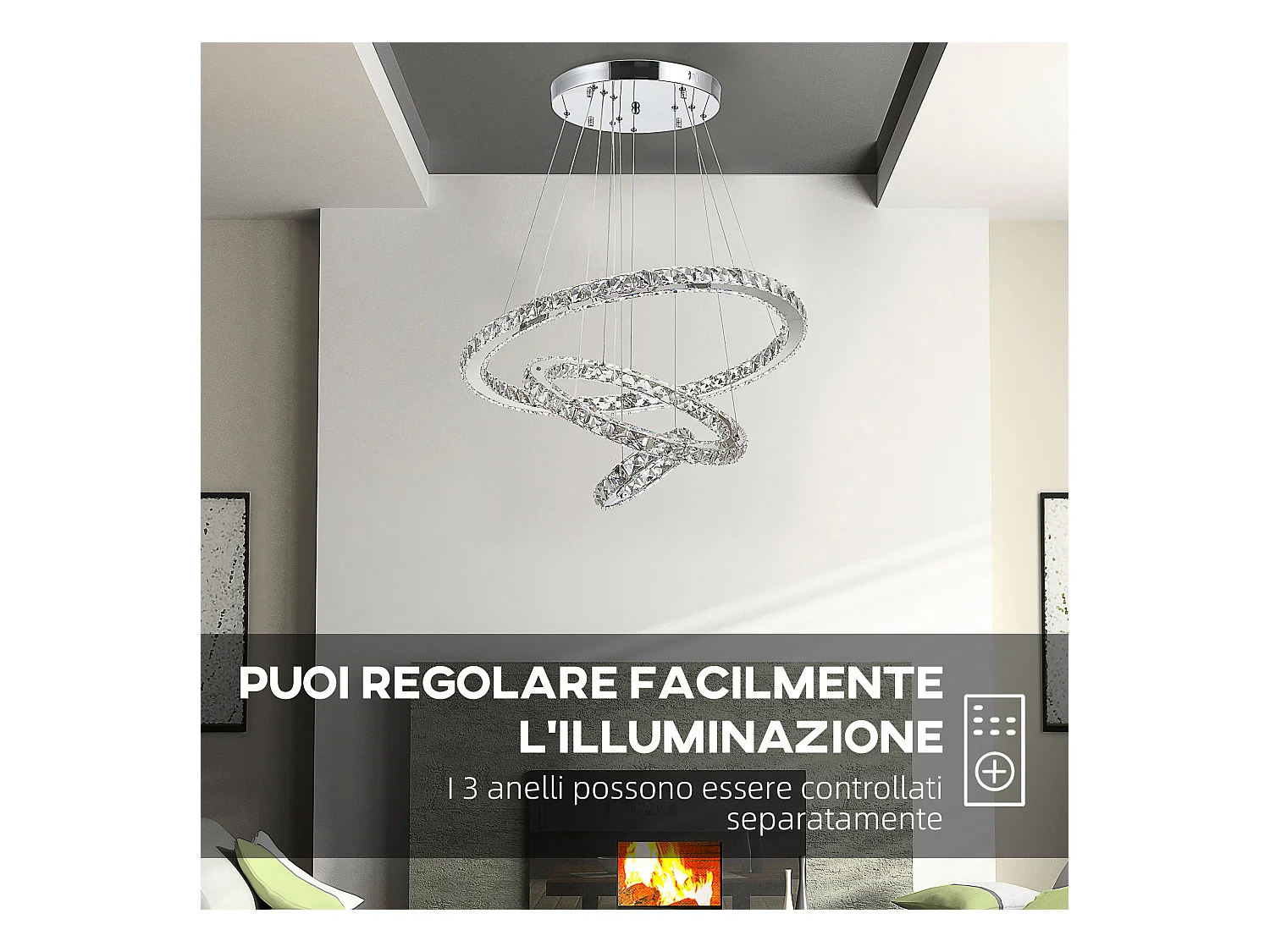 Lampadario a sospensione con 3 anelli led e cristalli ø60x110cm