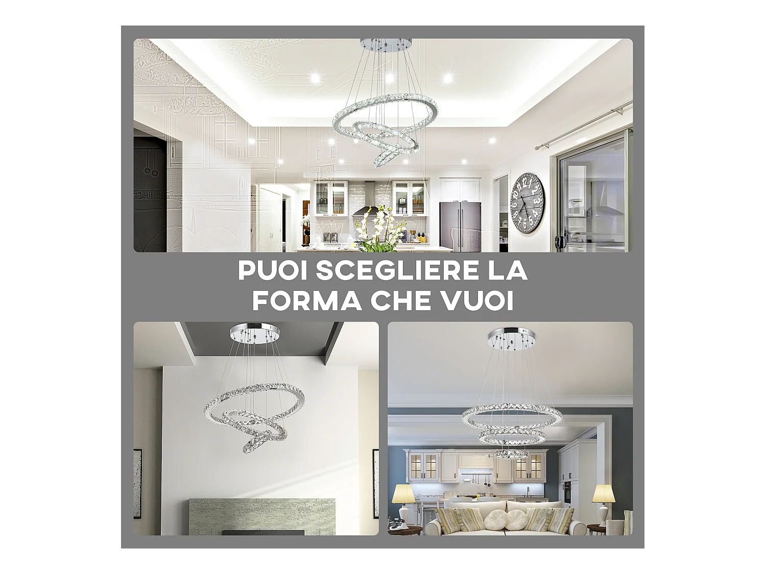 Lampadario a sospensione con 3 anelli led e cristalli ø60x110cm