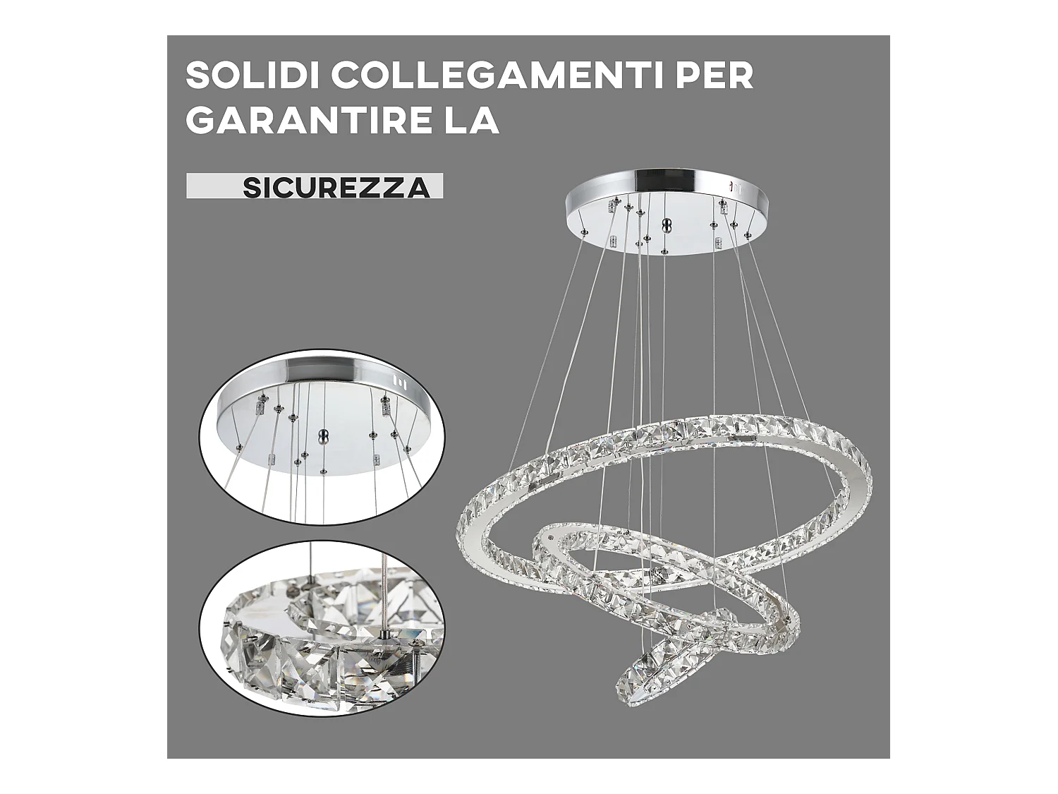 Lampadario a sospensione con 3 anelli led e cristalli ø60x110cm