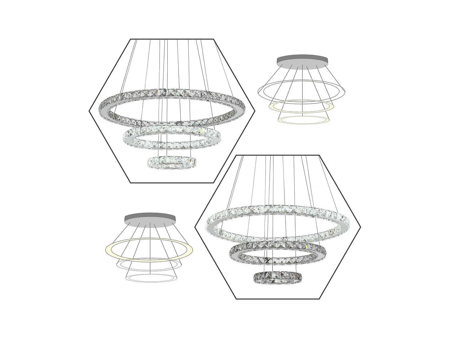 Lampadario a sospensione con 3 anelli led e cristalli ø60x110cm