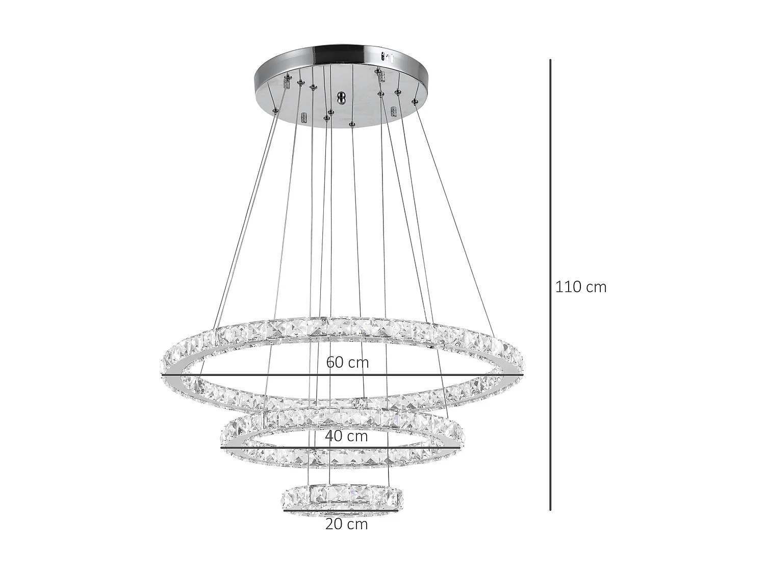 Lampadario a sospensione con 3 anelli led e cristalli ø60x110cm