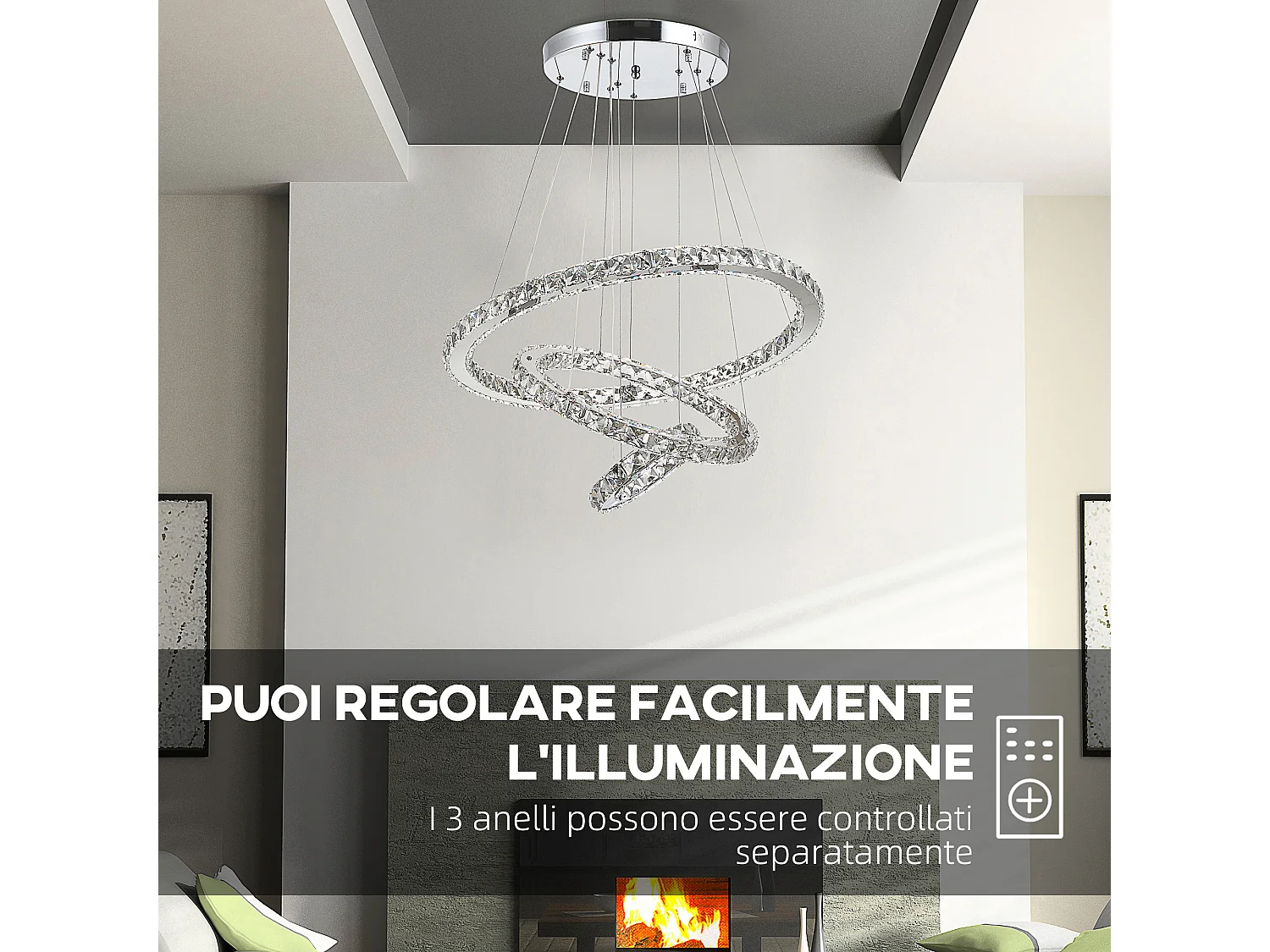 Lampadario a sospensione con 3 anelli led e cristalli ø60x110cm