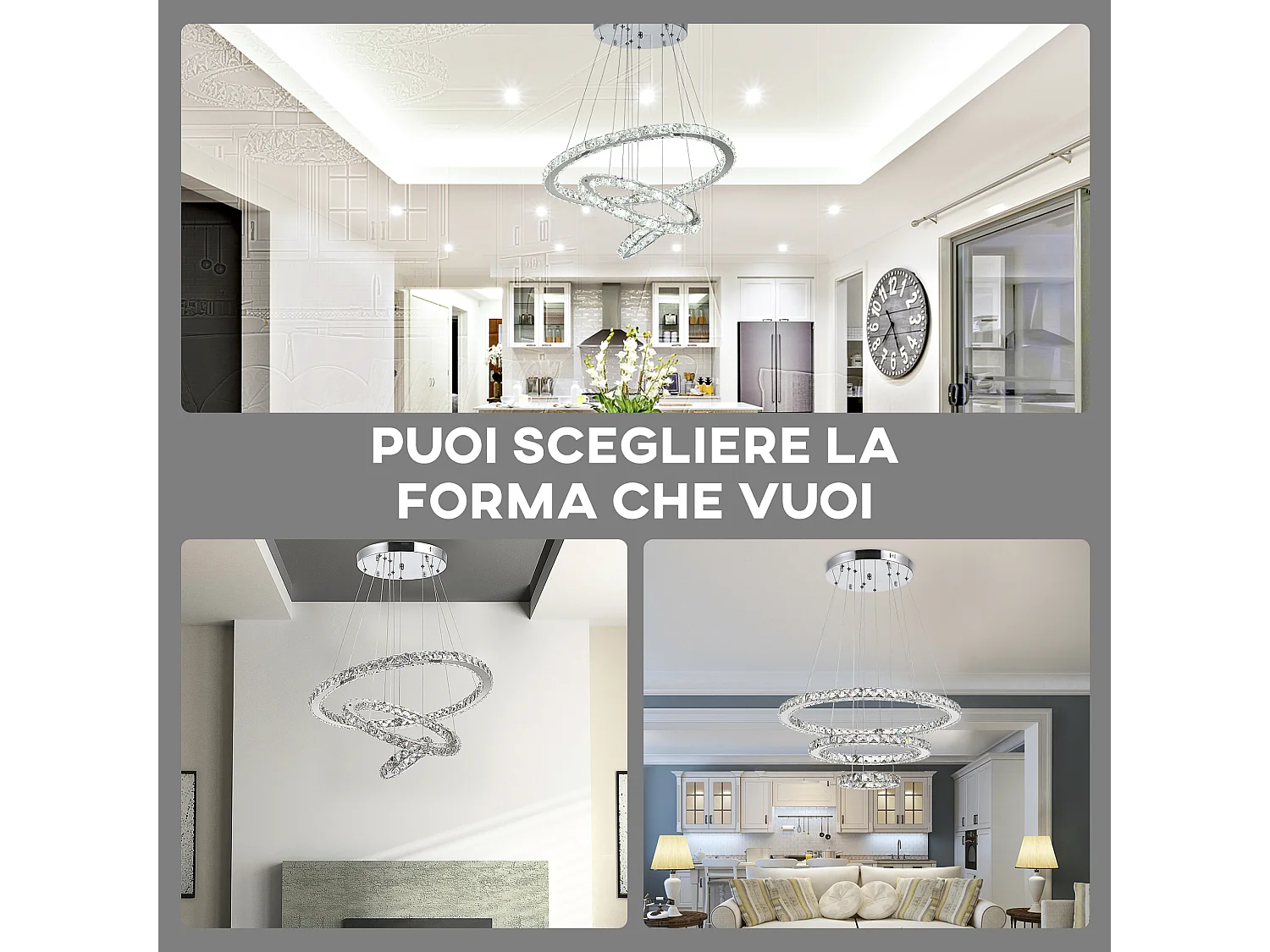 Lampadario a sospensione con 3 anelli led e cristalli ø60x110cm