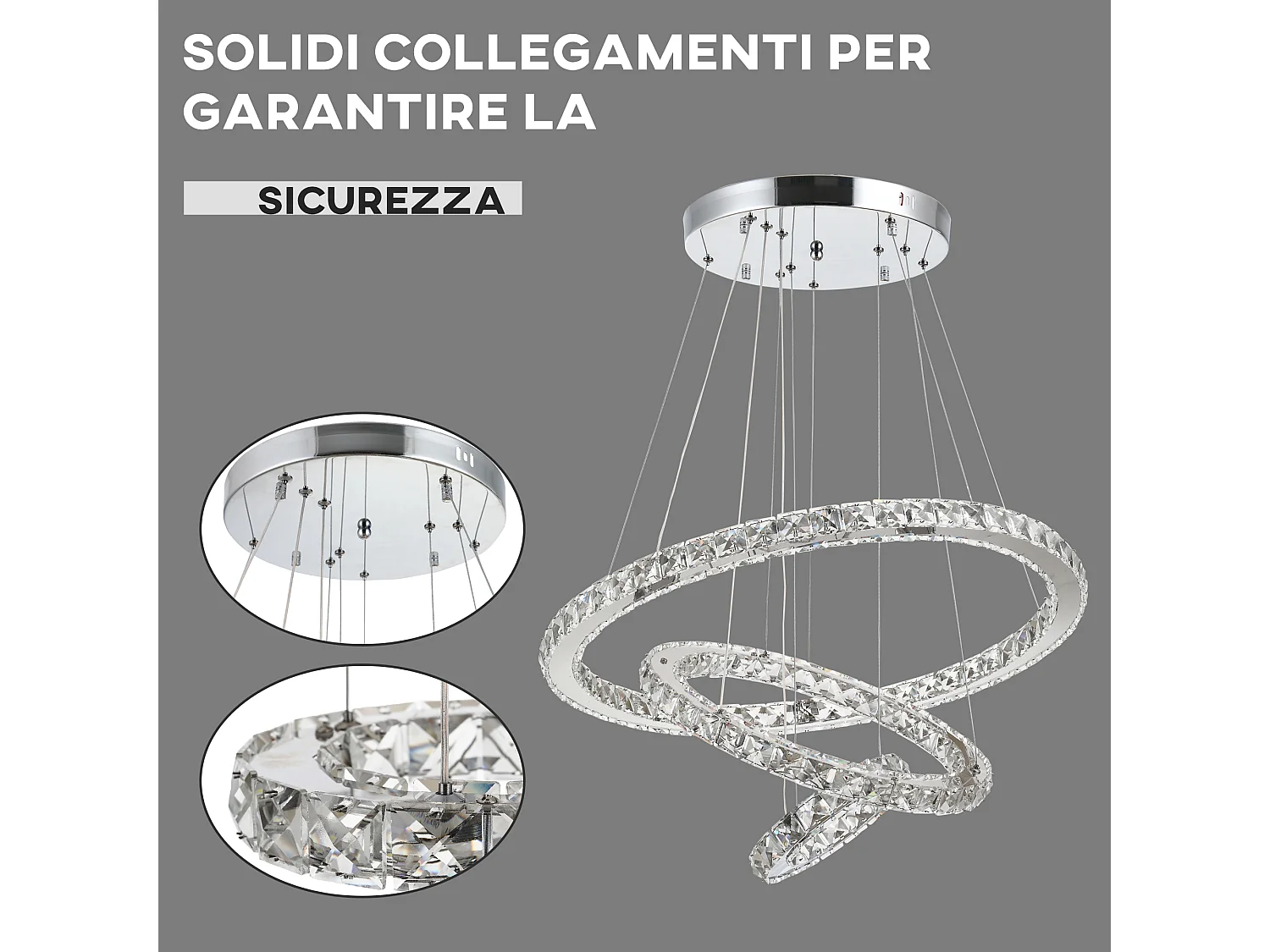 Lampadario a sospensione con 3 anelli led e cristalli ø60x110cm