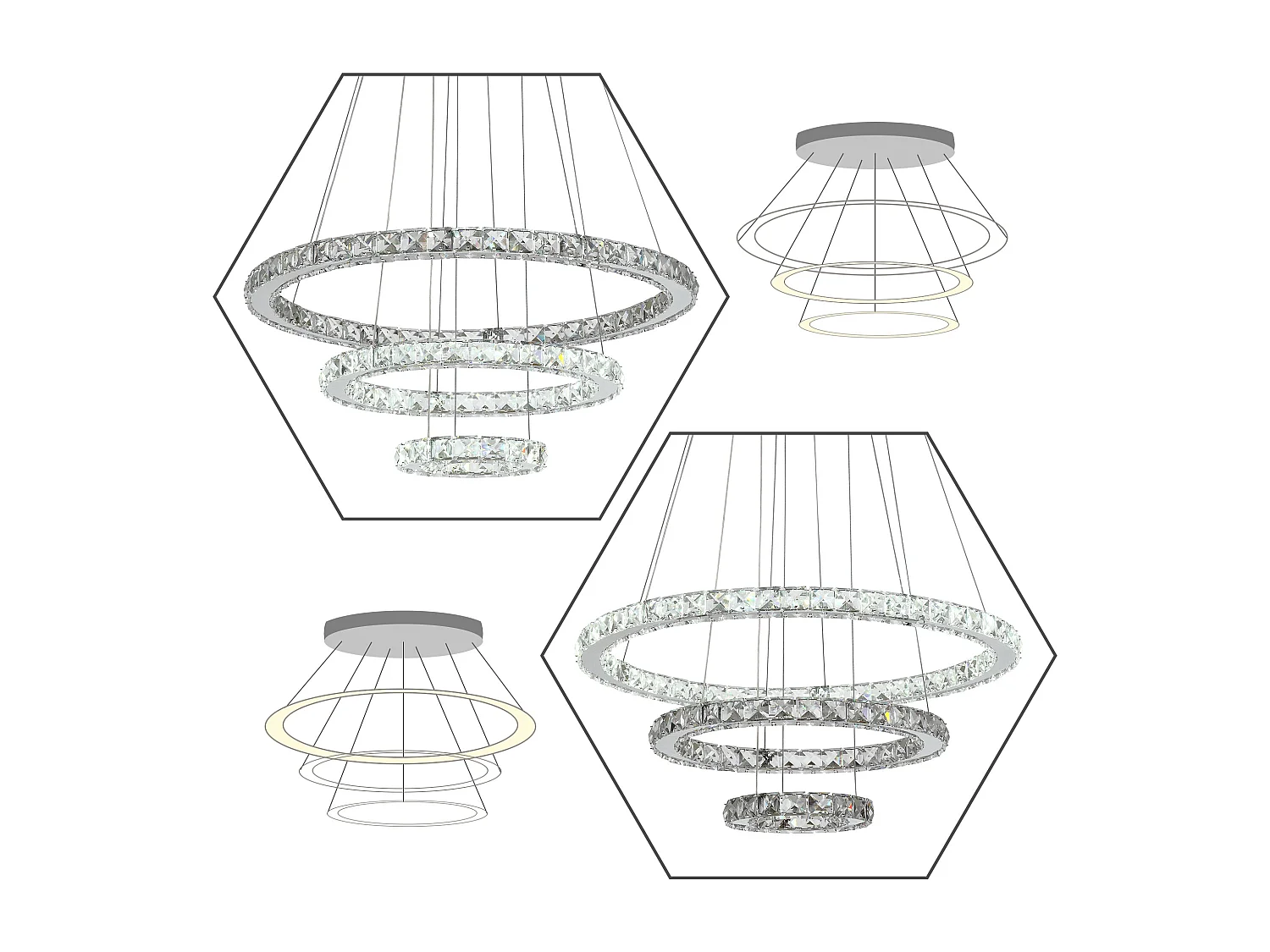 Lampadario a sospensione con 3 anelli led e cristalli ø60x110cm