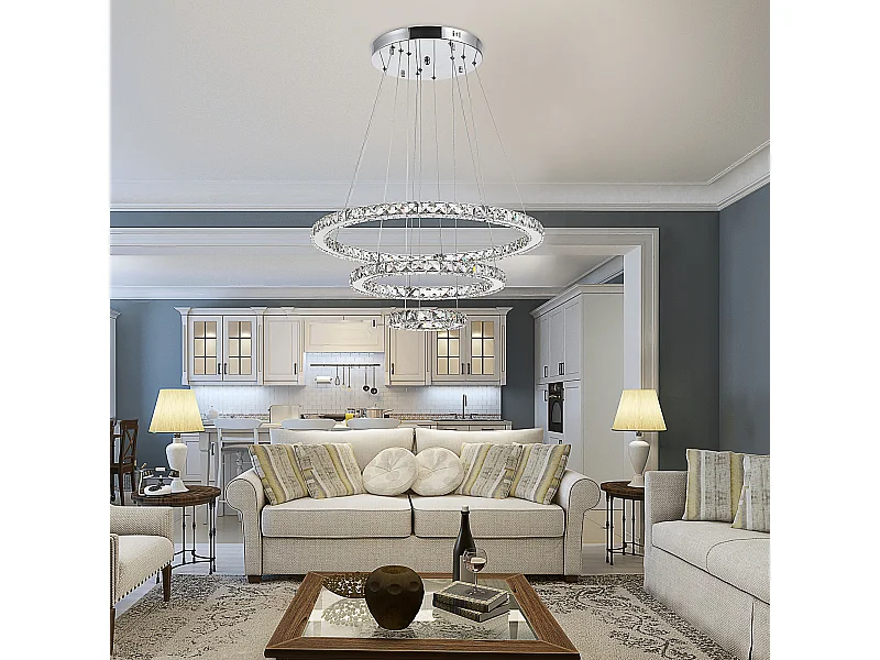Lampadario a sospensione con 3 anelli led e cristalli ø60x110cm