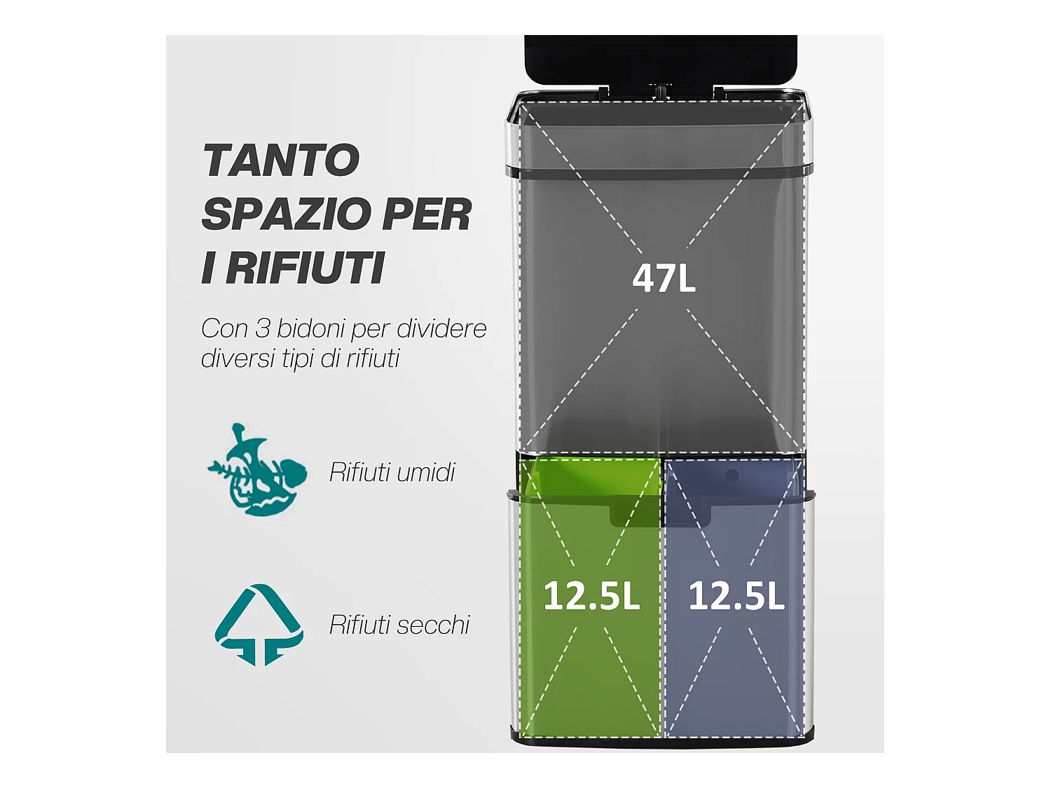 Pattumiera automatica da 72l sensore a infrarossi in acciaio e abs