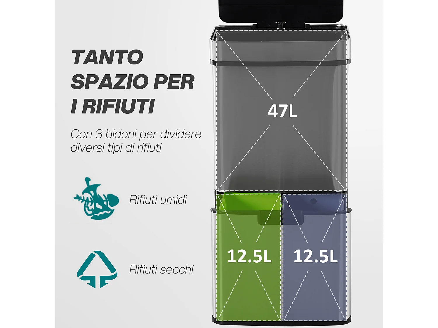 Pattumiera automatica da 72l sensore a infrarossi in acciaio e abs