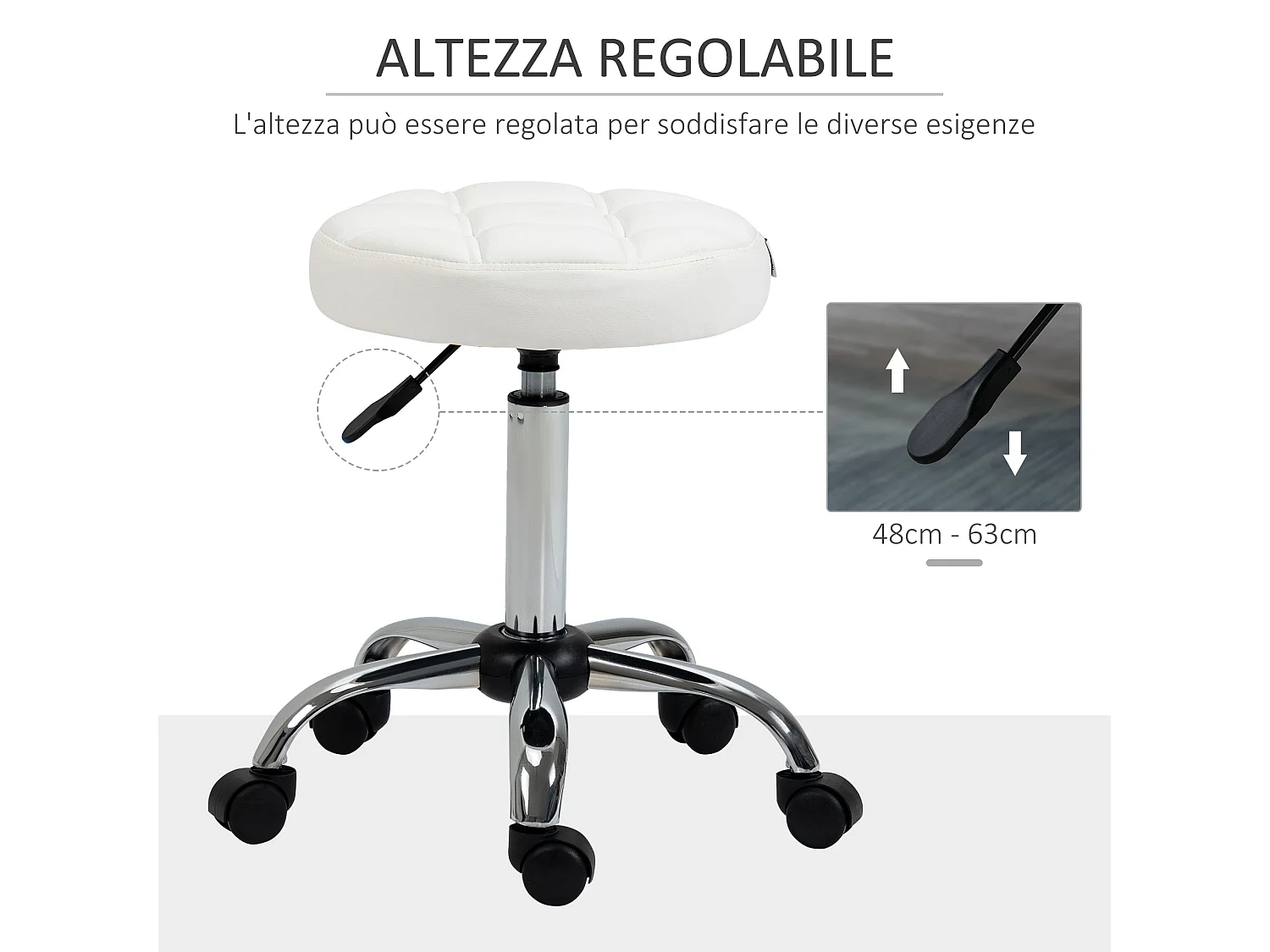 Sgabello girevole rotondo con ruote e altezza regolabile bianco