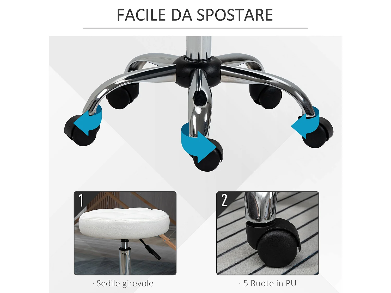 Sgabello girevole rotondo con ruote e altezza regolabile bianco