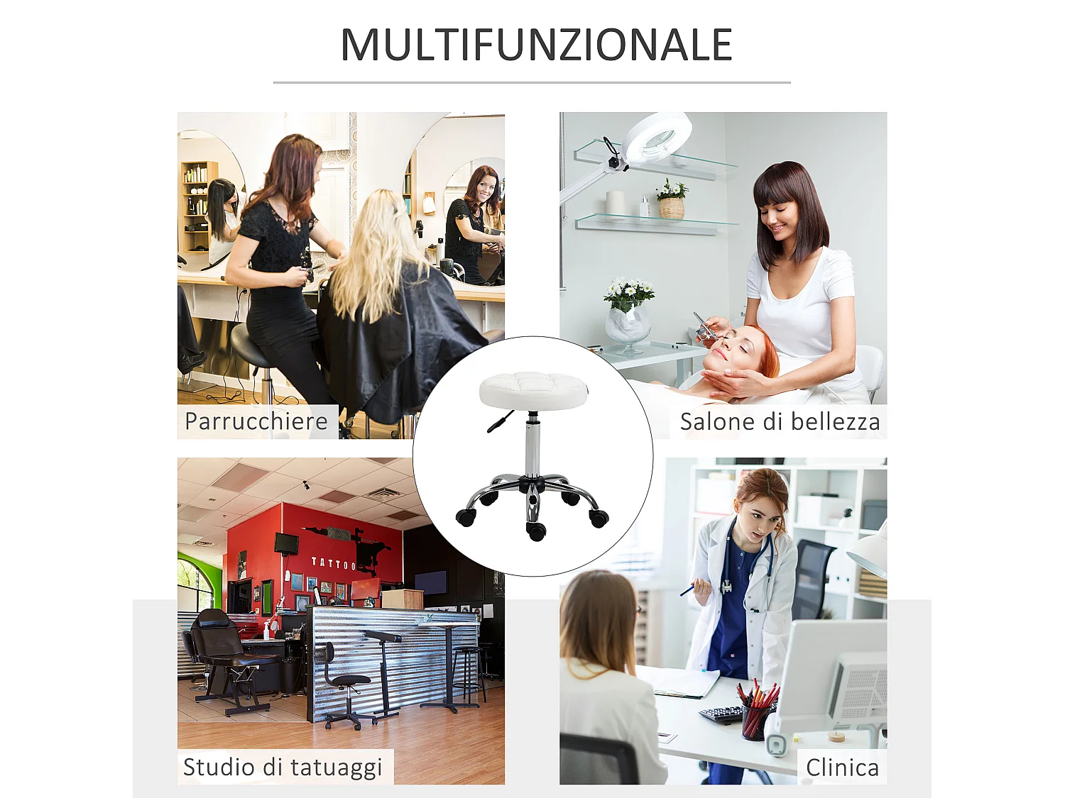 Sgabello girevole rotondo con ruote e altezza regolabile bianco