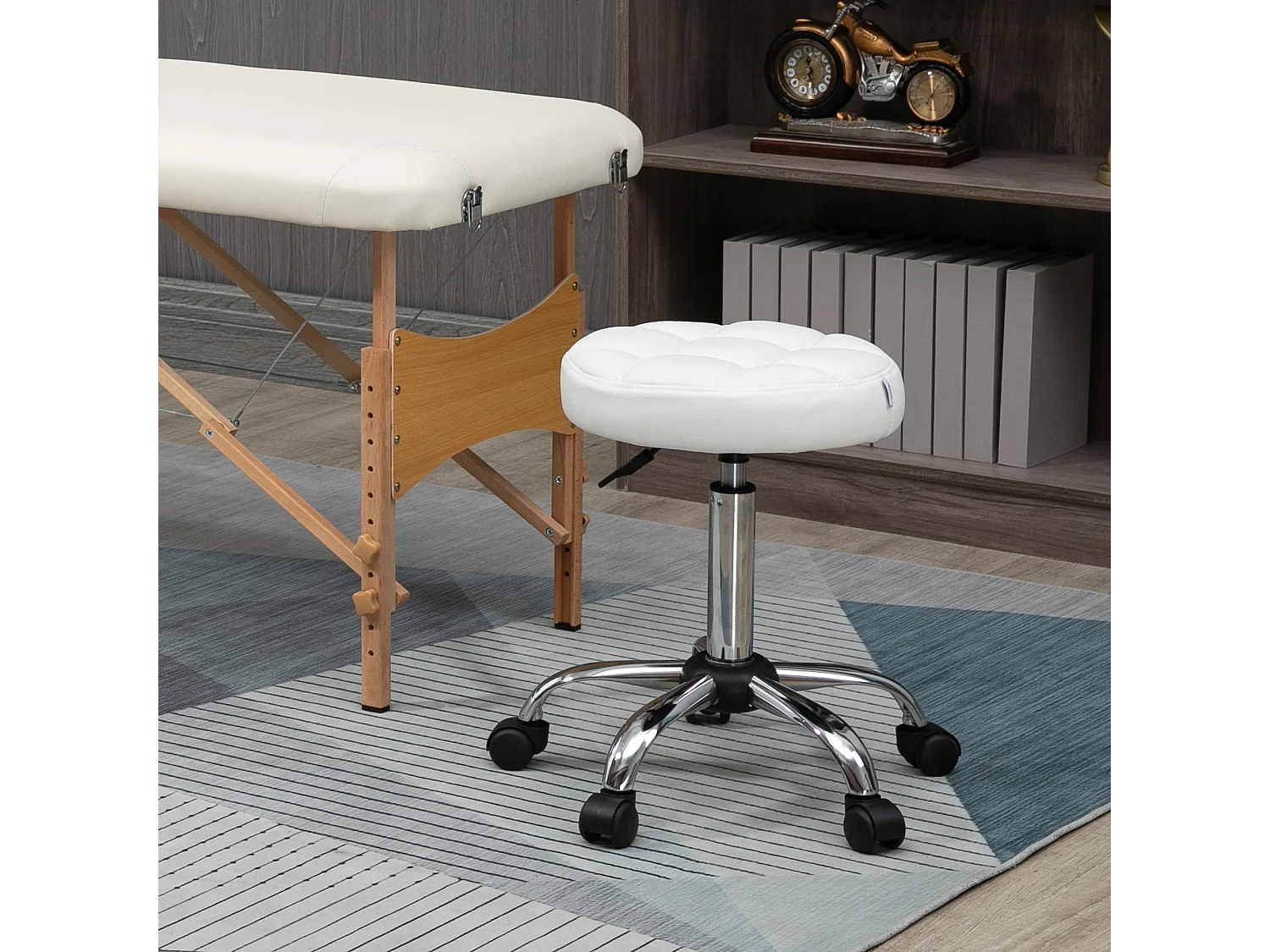 Sgabello girevole rotondo con ruote e altezza regolabile bianco