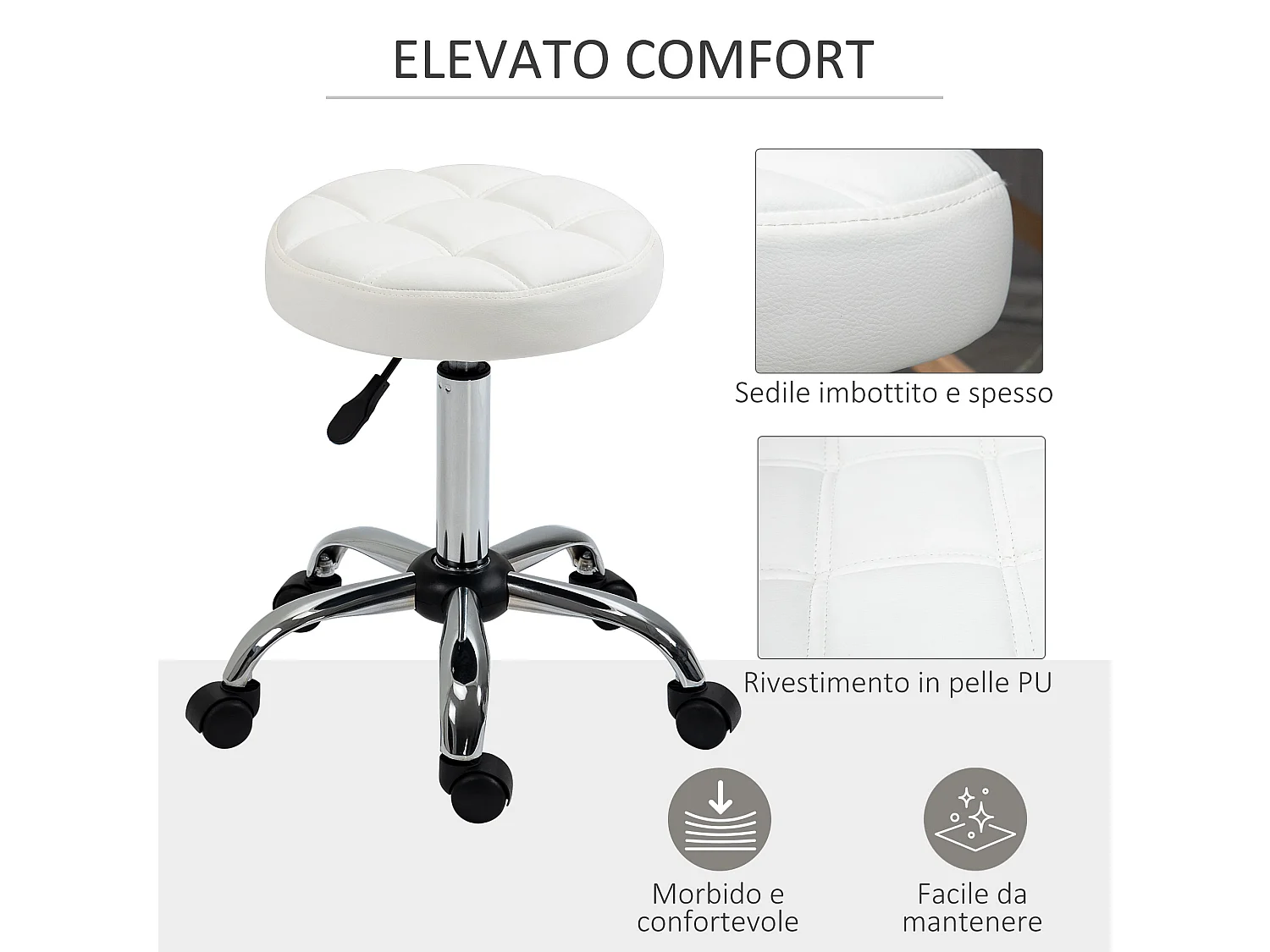 Sgabello girevole rotondo con ruote e altezza regolabile bianco