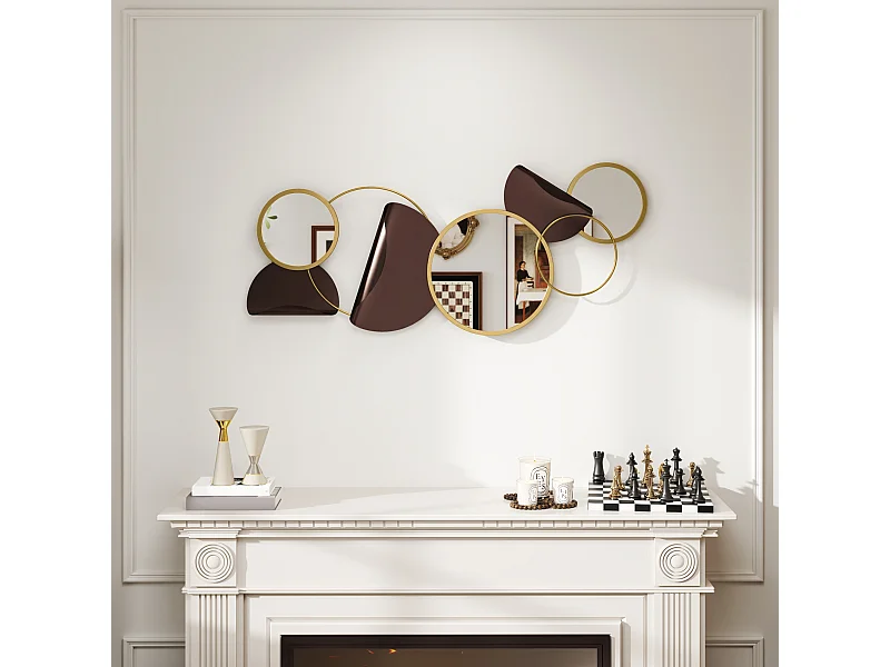 Specchio moderno rotondo a muro con decorazione 3d in metallo dorato