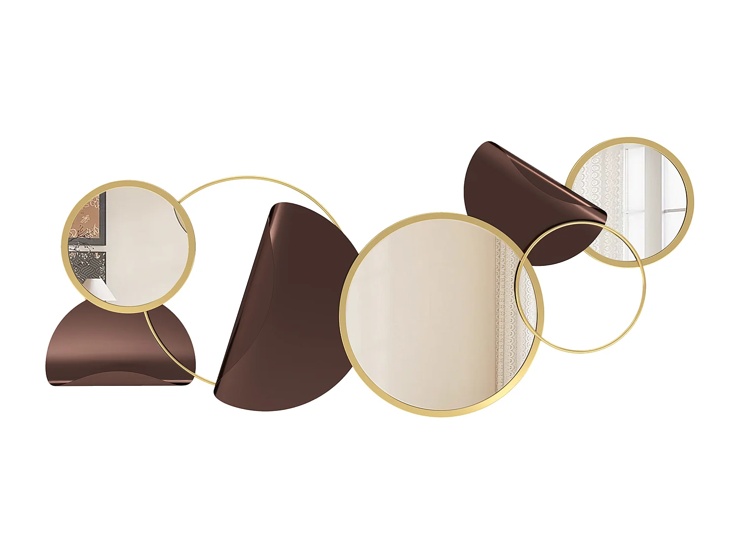 Specchio moderno rotondo a muro con decorazione 3d in metallo dorato