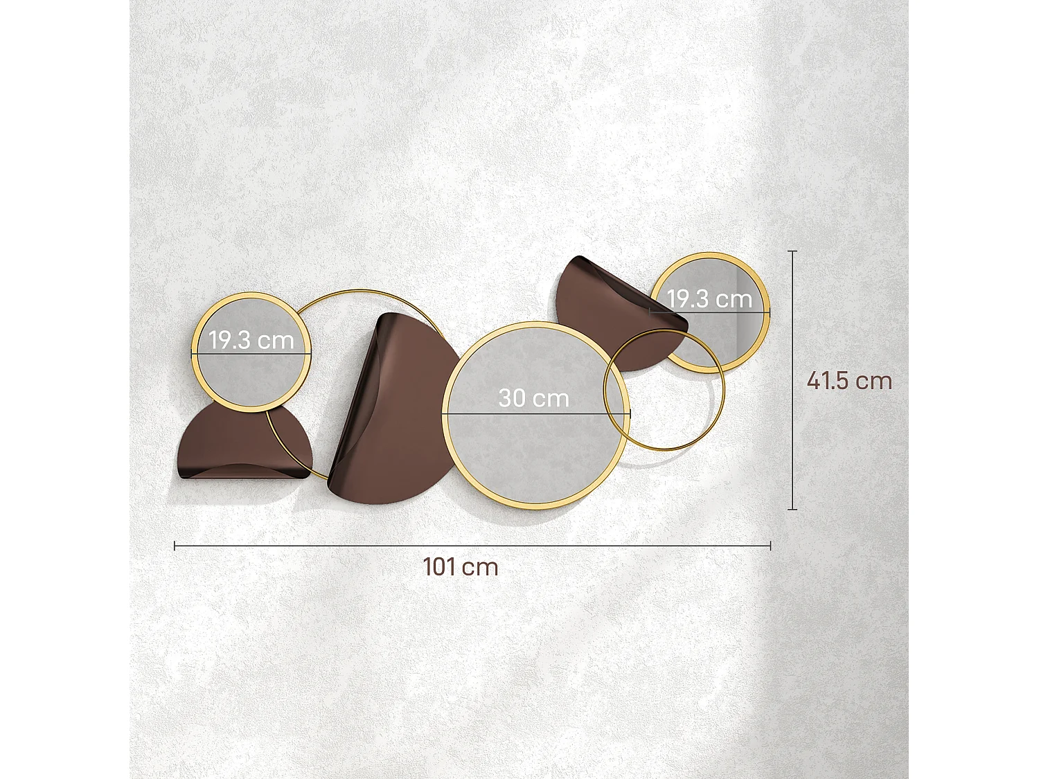 Specchio moderno rotondo a muro con decorazione 3d in metallo dorato