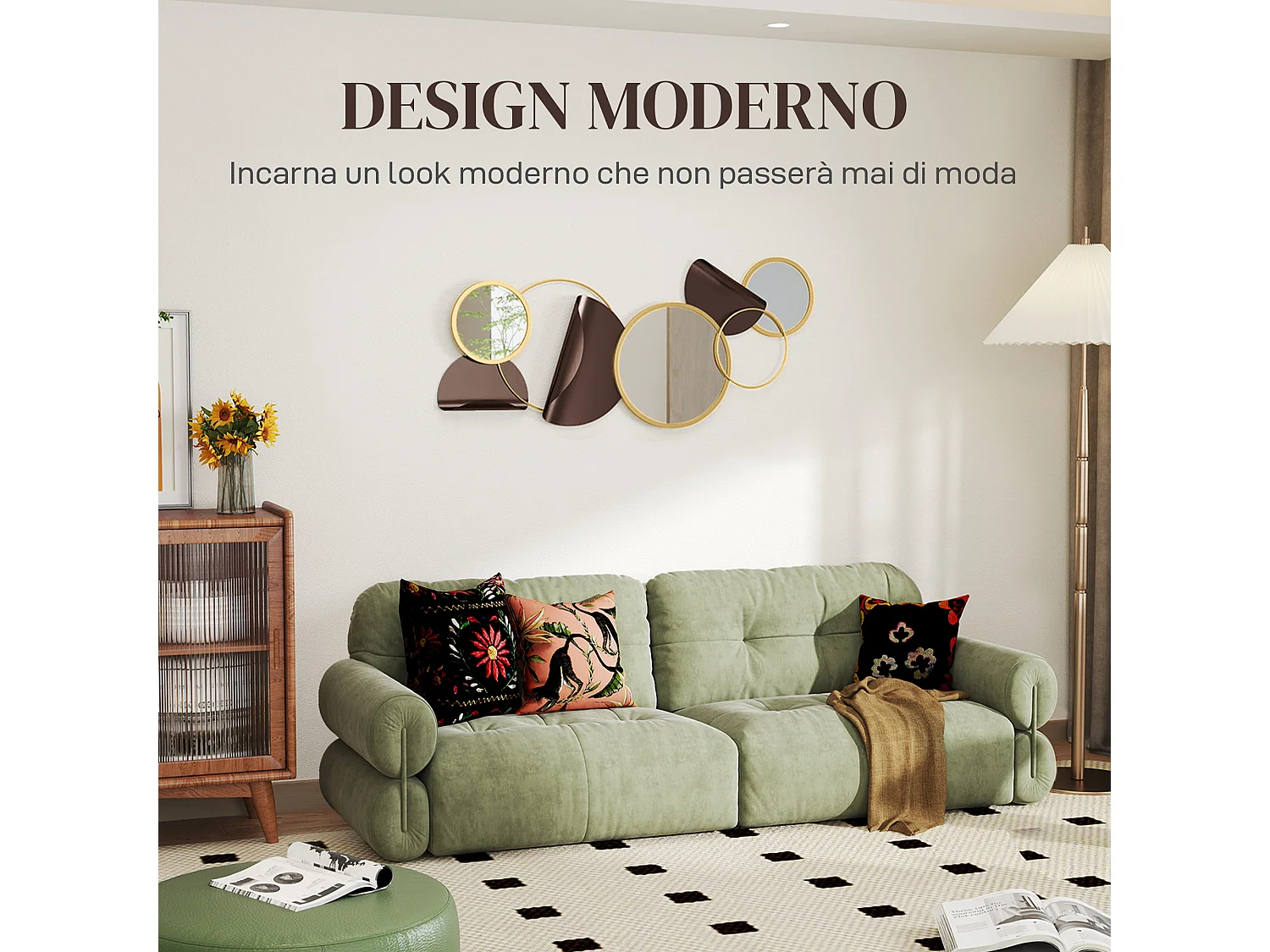 Specchio moderno rotondo a muro con decorazione 3d in metallo dorato