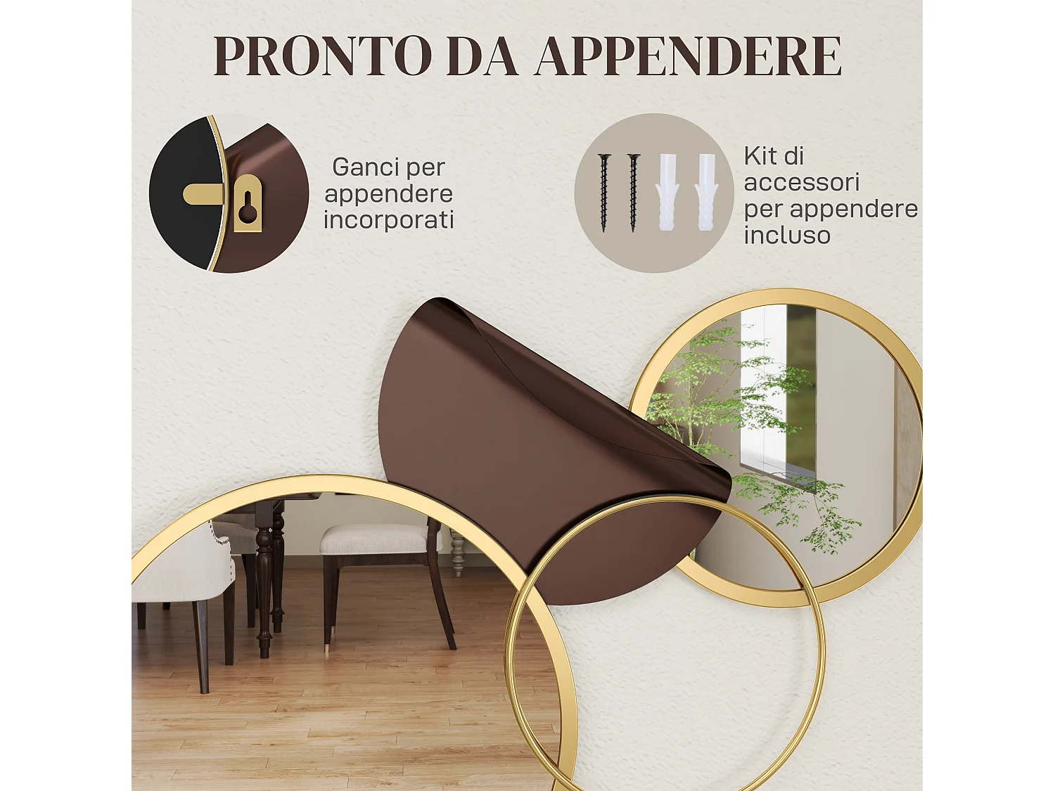 Specchio moderno rotondo a muro con decorazione 3d in metallo dorato