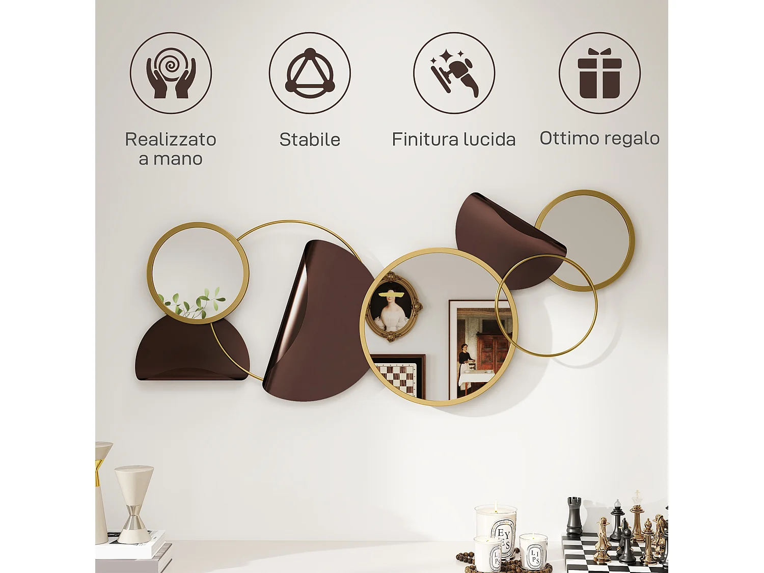 Specchio moderno rotondo a muro con decorazione 3d in metallo dorato