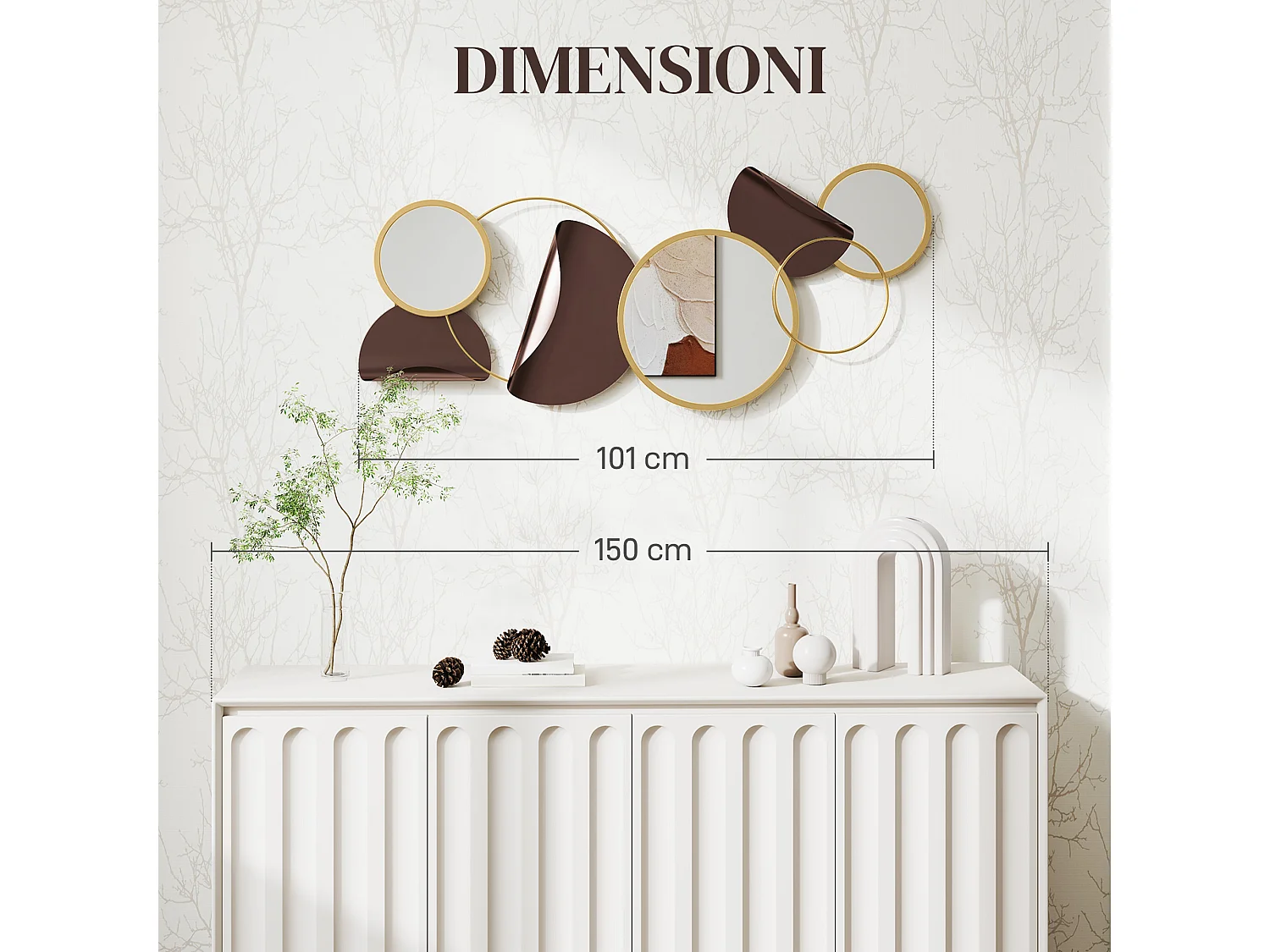 Specchio moderno rotondo a muro con decorazione 3d in metallo dorato