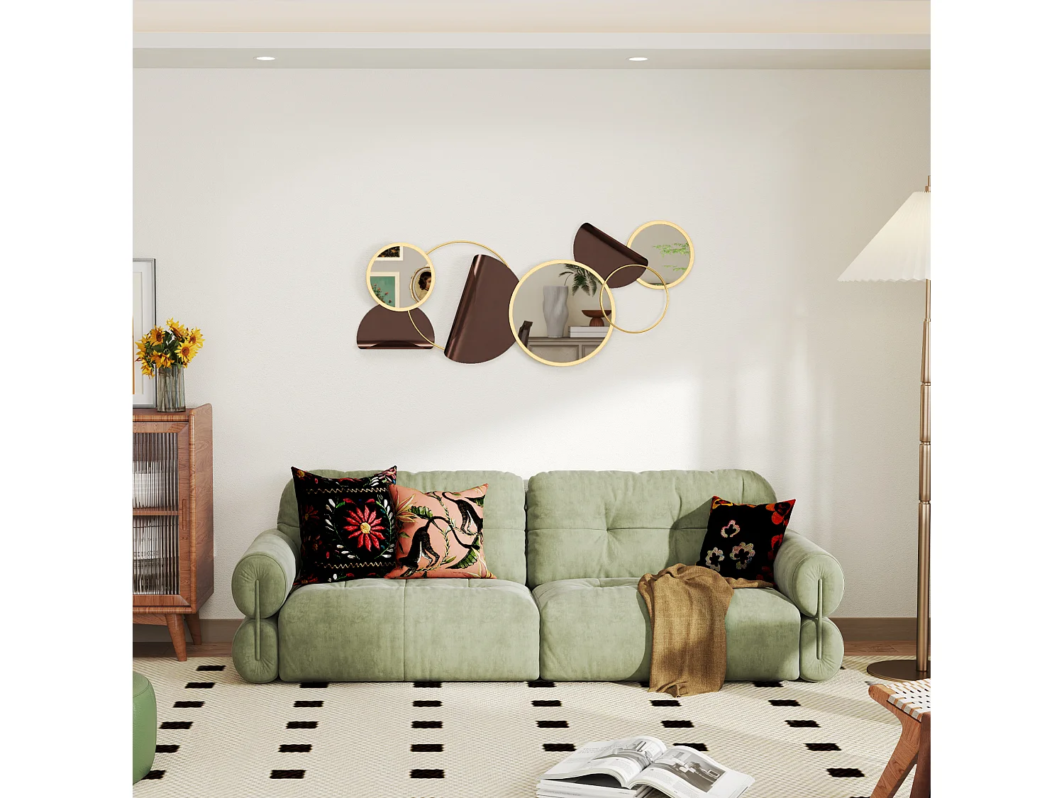 Specchio moderno rotondo a muro con decorazione 3d in metallo dorato