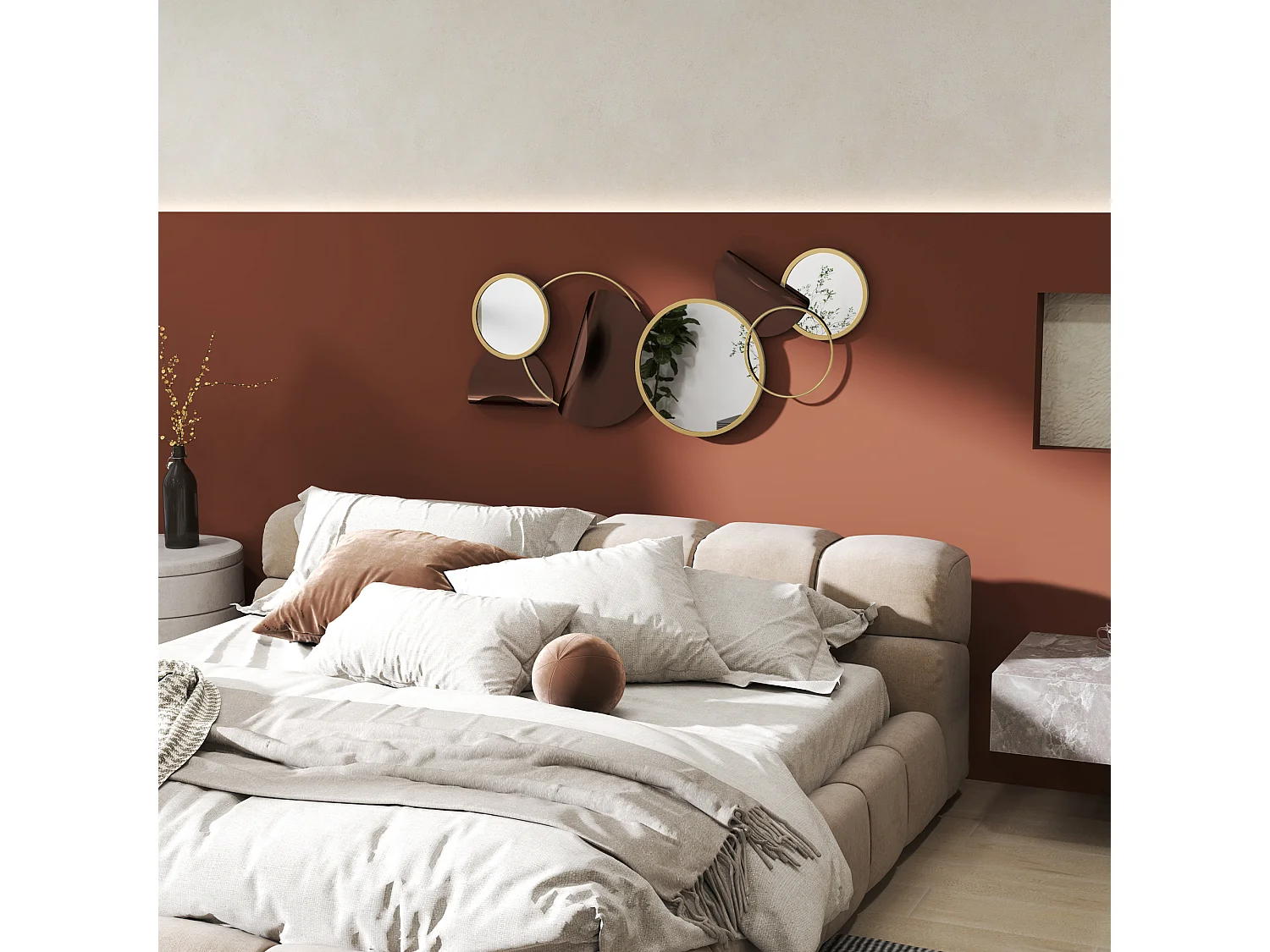 Specchio moderno rotondo a muro con decorazione 3d in metallo dorato