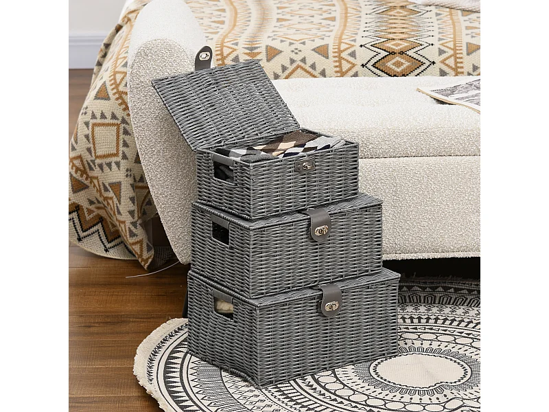 Set 3 cestini in vimini pp con coperchio di diverse dimensioni