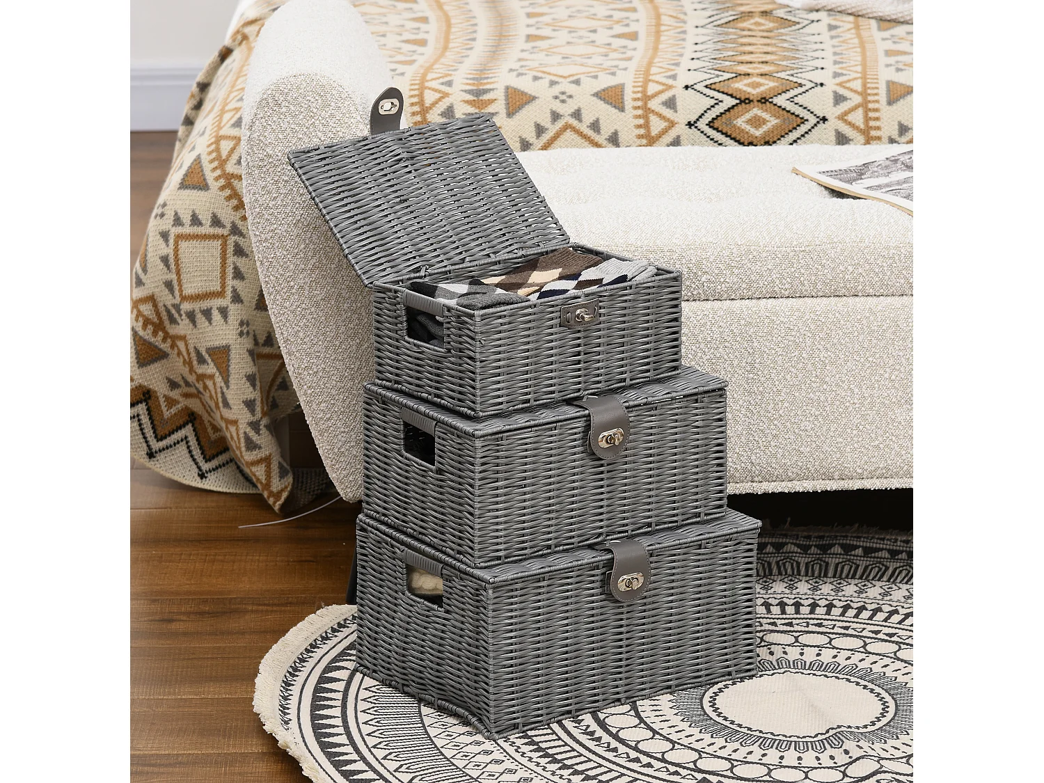 Set 3 cestini in vimini pp con coperchio di diverse dimensioni