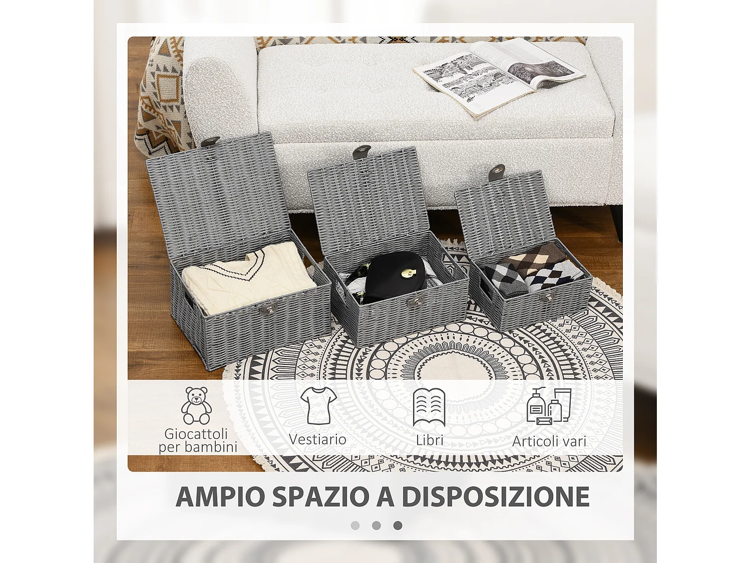 Set 3 cestini in vimini pp con coperchio di diverse dimensioni