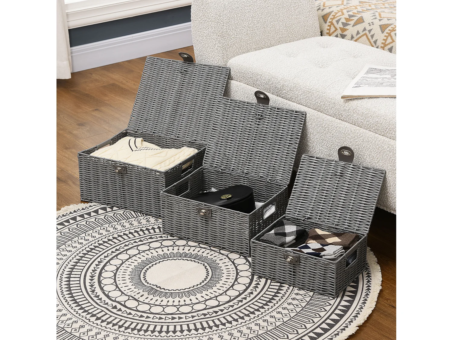 Set 3 cestini in vimini pp con coperchio di diverse dimensioni