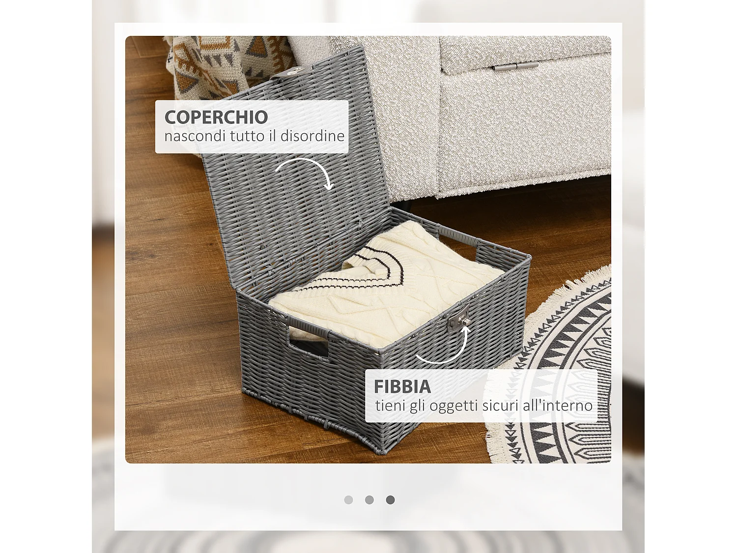 Set 3 cestini in vimini pp con coperchio di diverse dimensioni