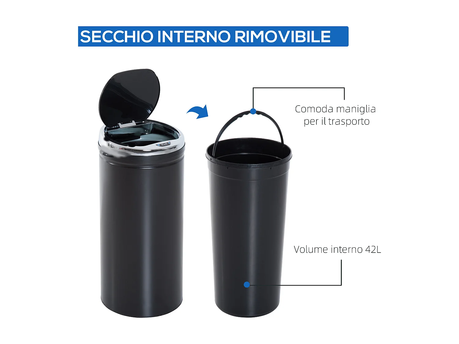 Pattumiera automatica da 42 litri con sensore infrarossi in acciaio