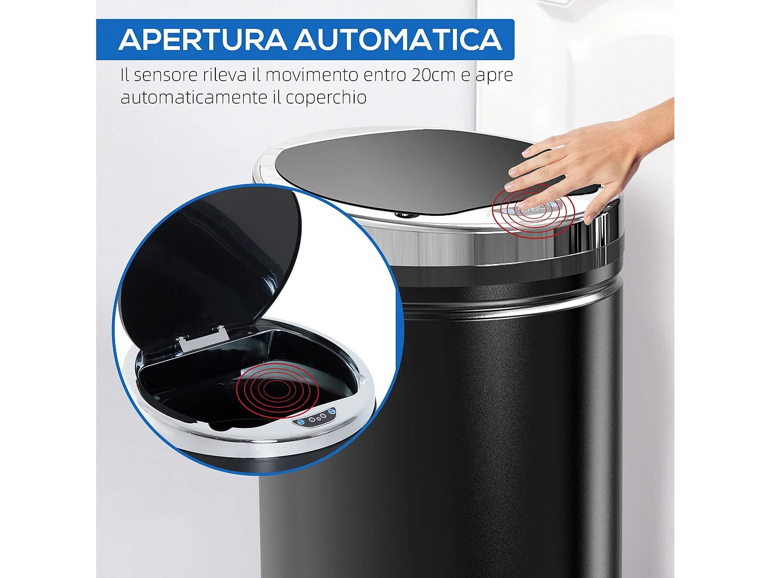 Pattumiera automatica da 42 litri con sensore infrarossi in acciaio