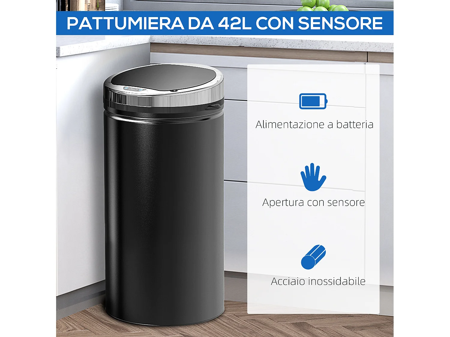 Pattumiera automatica da 42 litri con sensore infrarossi in acciaio