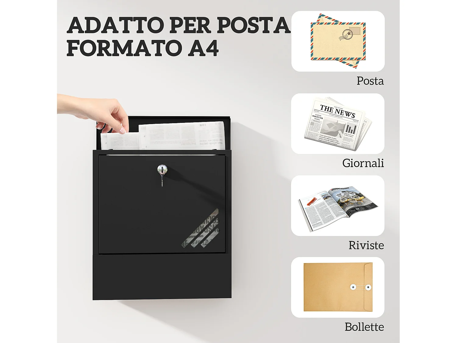 Cassetta postale a muro con finestrella e serratura in metallo grigio