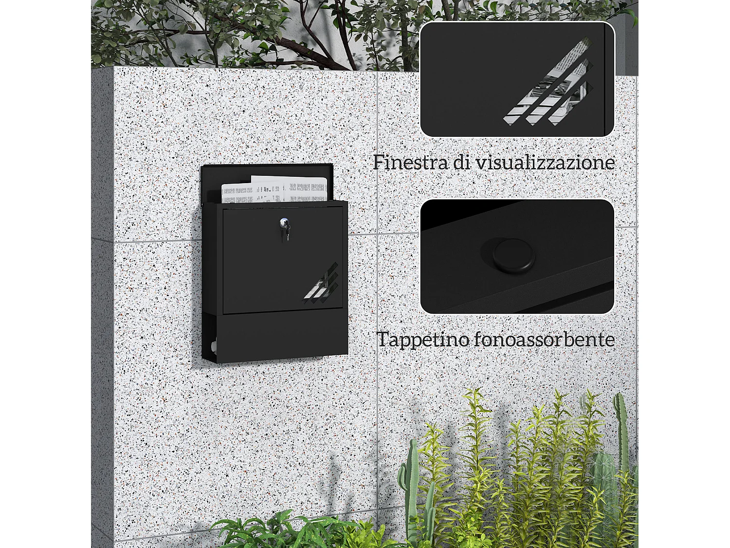 Cassetta postale a muro con finestrella e serratura in metallo grigio