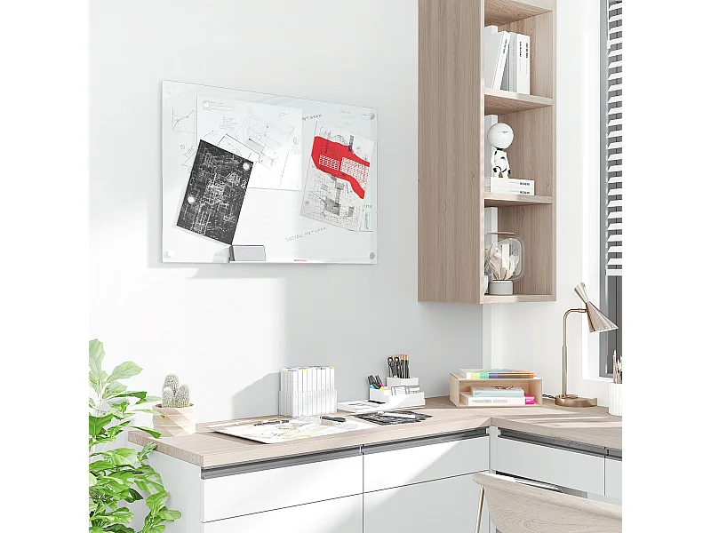 Lavagna in vetro bianca con 4 pennarelli e cancellino 90x60x0.4 cm