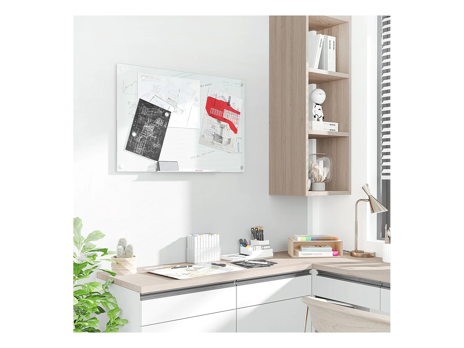 Lavagna in vetro bianca con 4 pennarelli e cancellino 90x60x0.4 cm