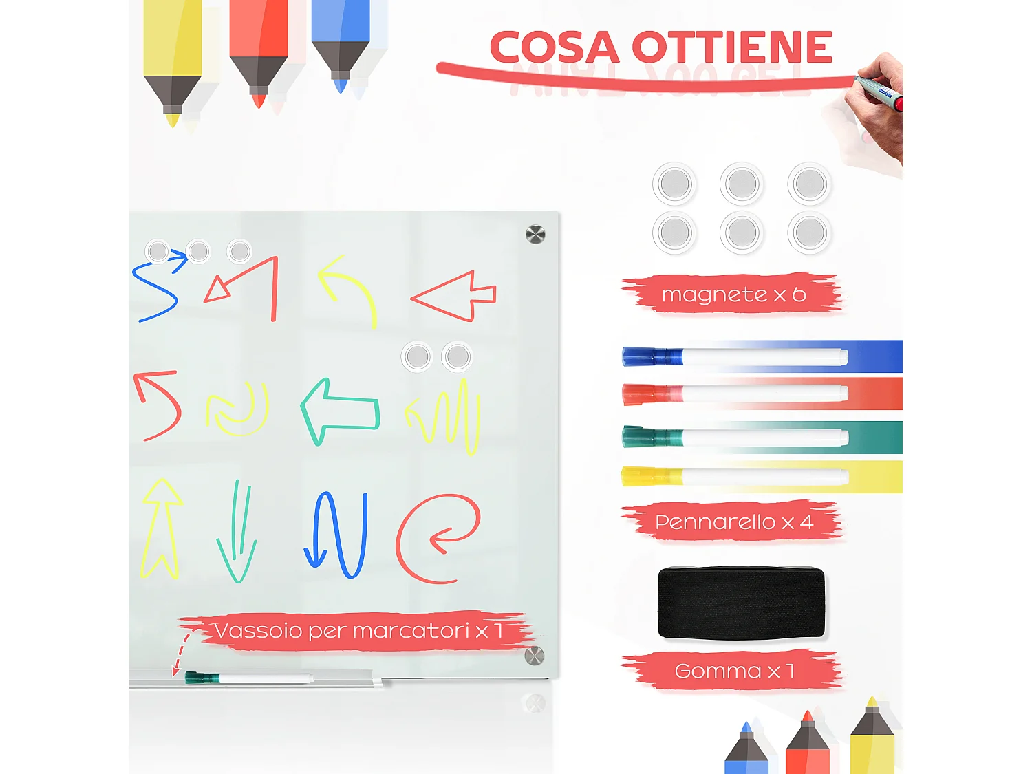 Lavagna in vetro bianca con 4 pennarelli e cancellino 90x60x0.4 cm