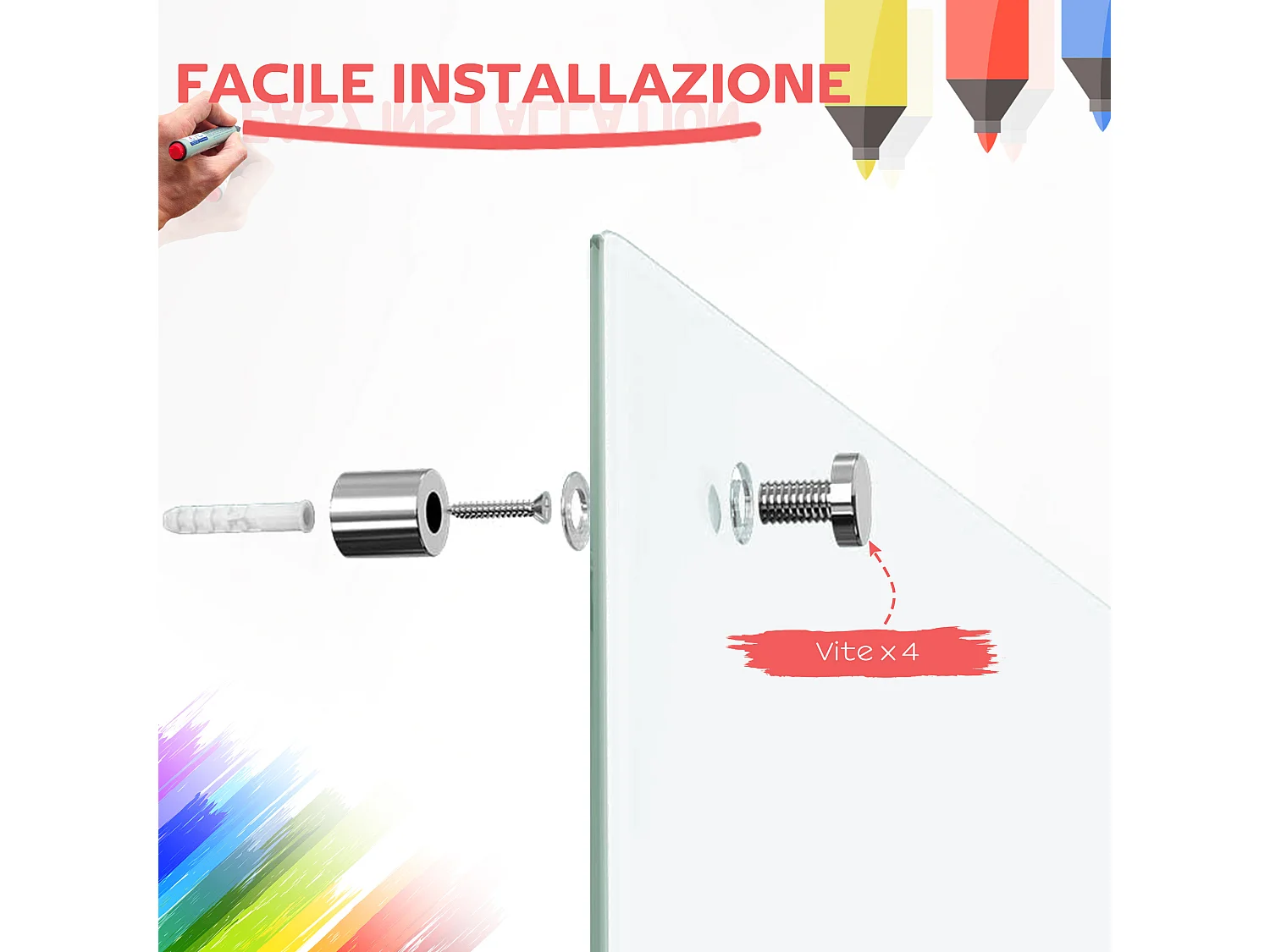 Lavagna in vetro bianca con 4 pennarelli e cancellino 90x60x0.4 cm