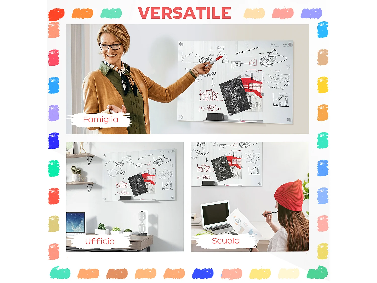 Lavagna in vetro bianca con 4 pennarelli e cancellino 90x60x0.4 cm