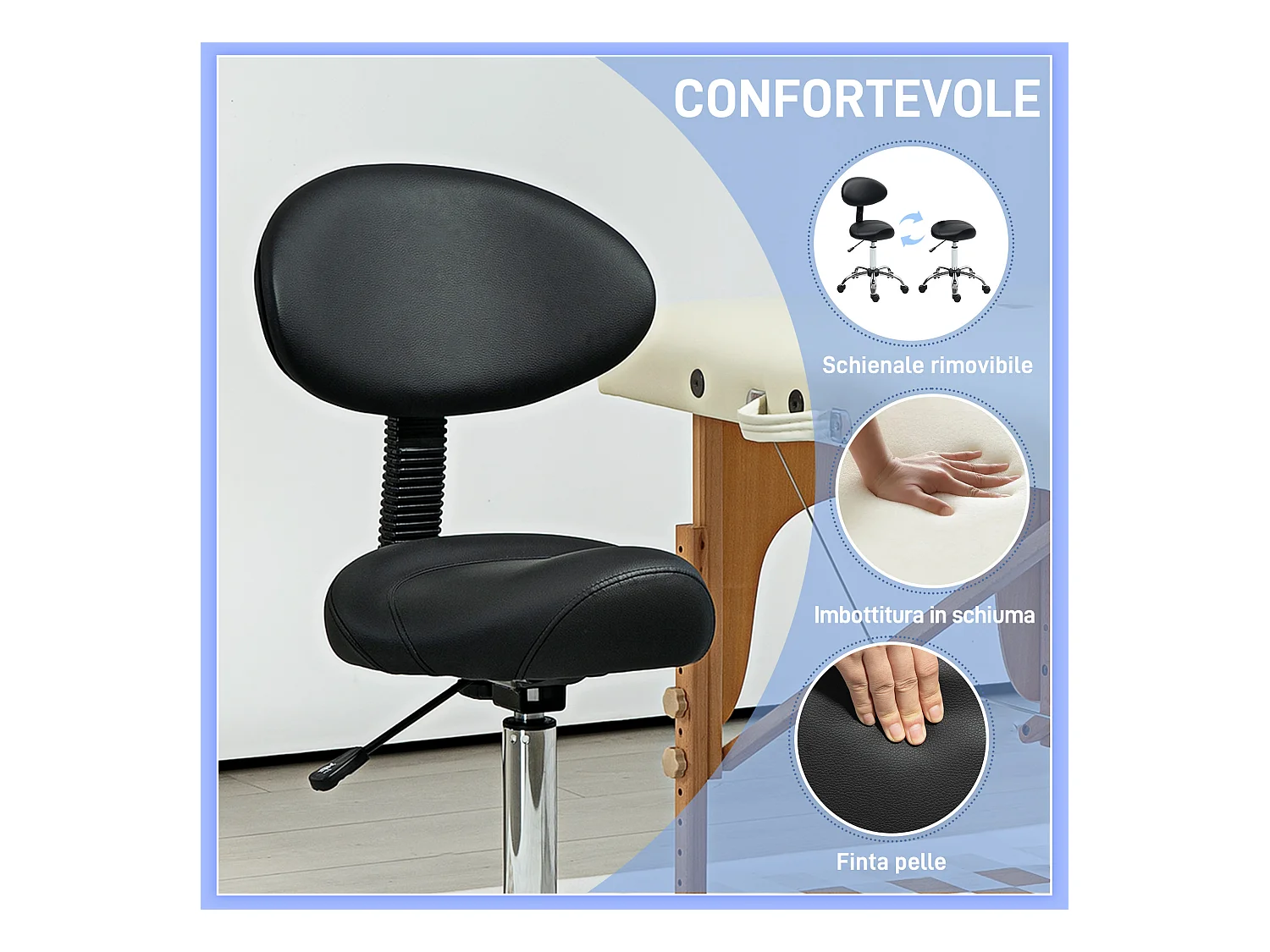 Sgabello per estetista con ruote e schienale in finta pelle nero