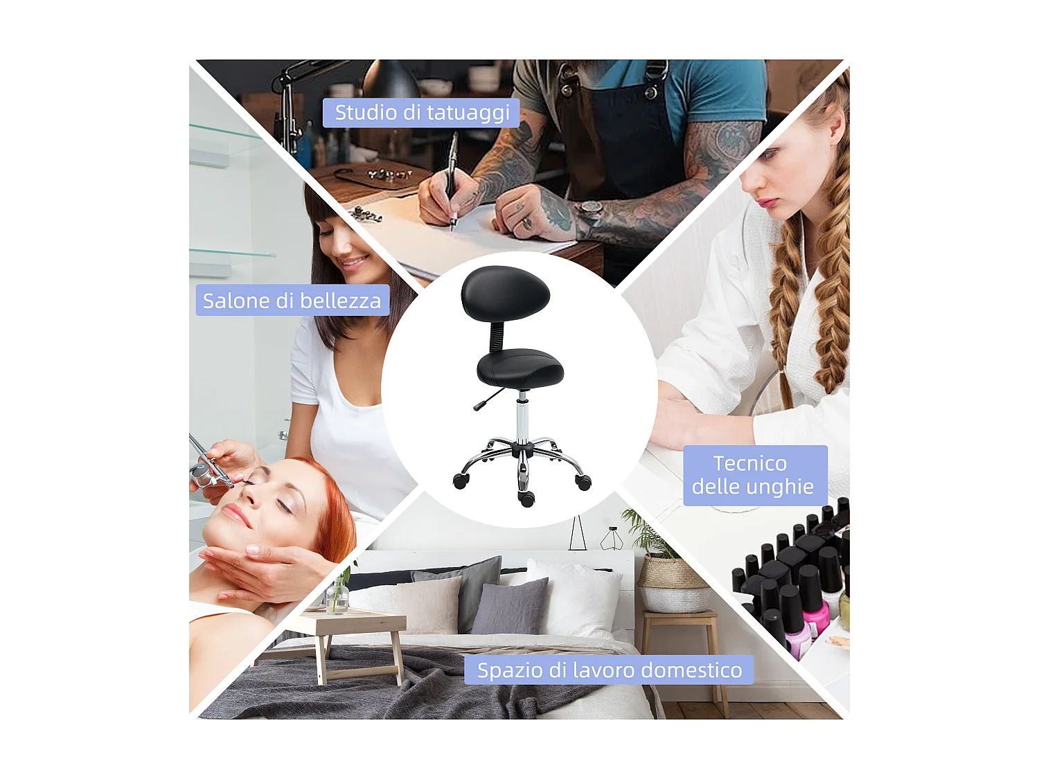 Sgabello per estetista con ruote e schienale in finta pelle nero