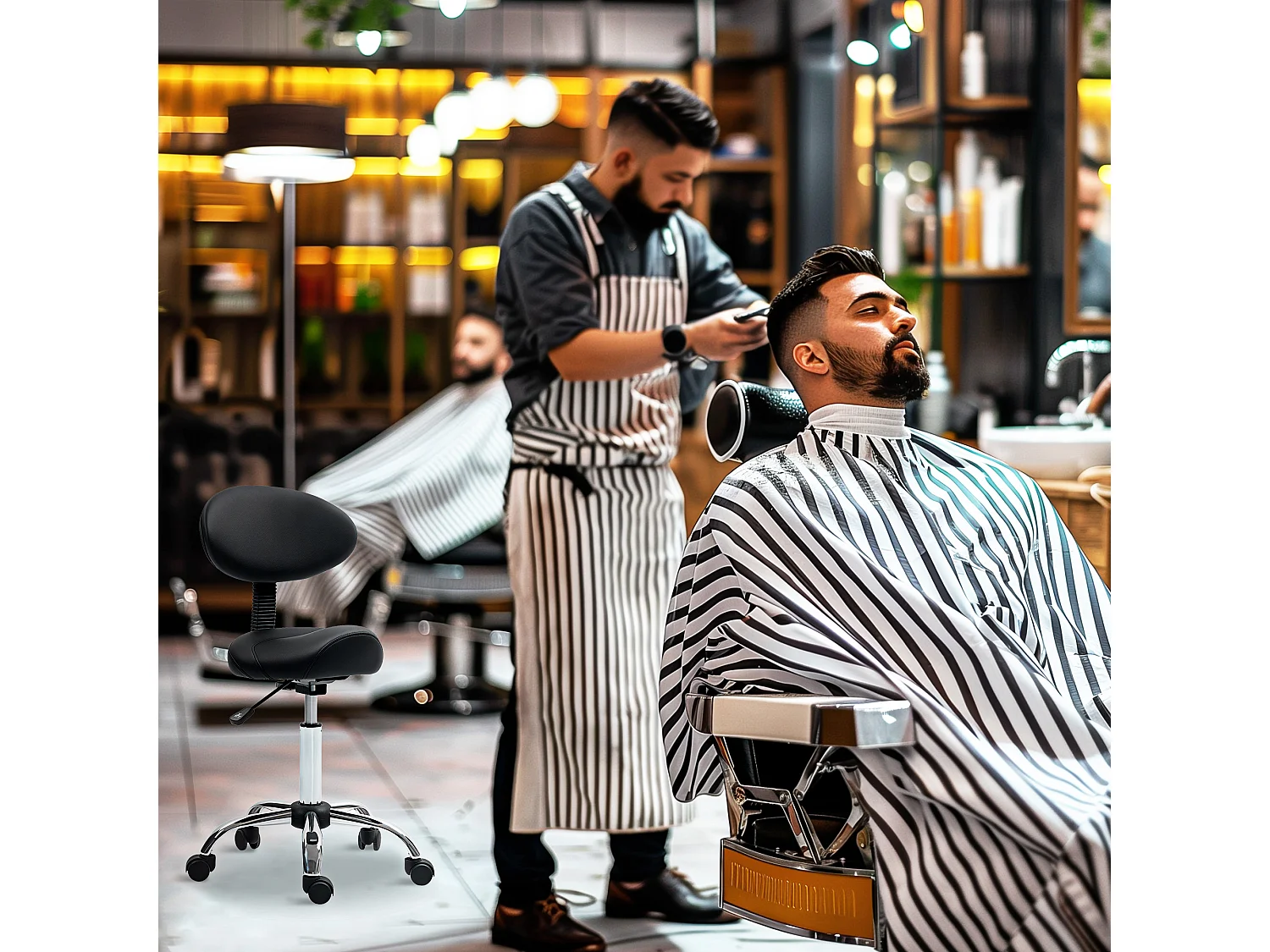 Sgabello per estetista con ruote e schienale in finta pelle nero