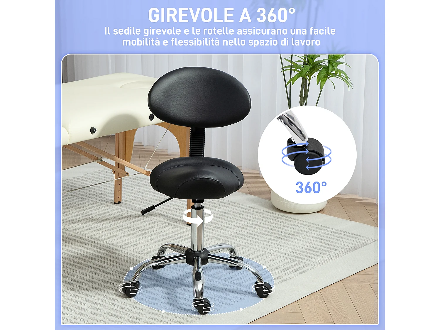 Sgabello per estetista con ruote e schienale in finta pelle nero