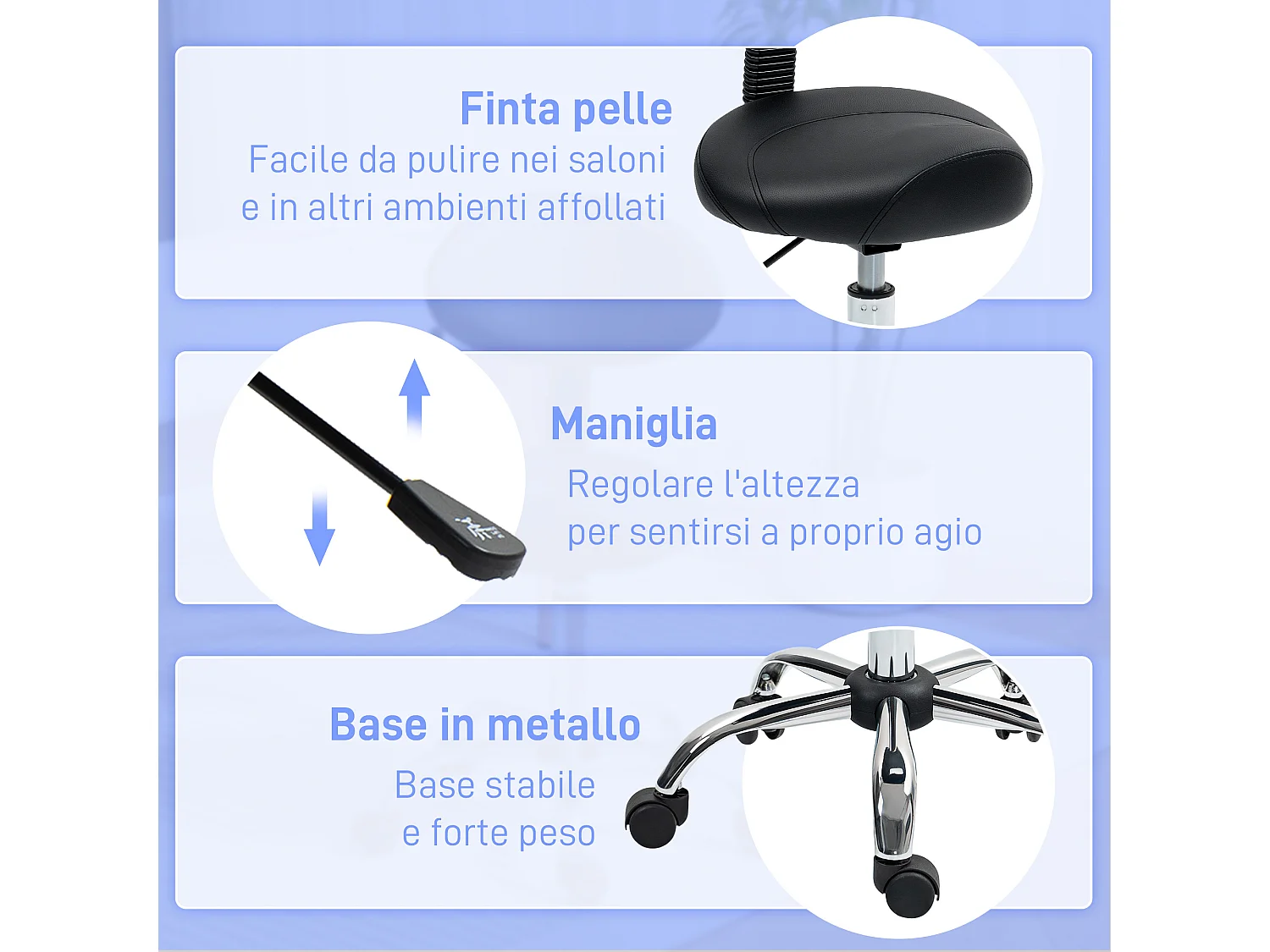 Sgabello per estetista con ruote e schienale in finta pelle nero