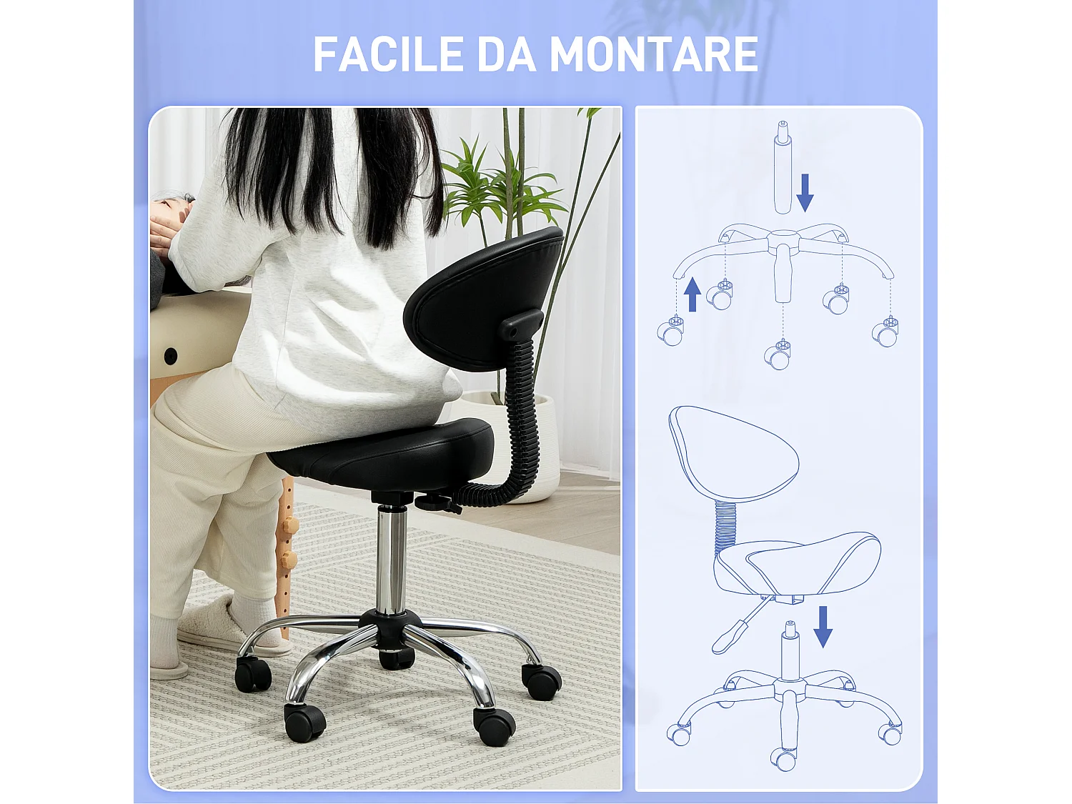 Sgabello per estetista con ruote e schienale in finta pelle nero